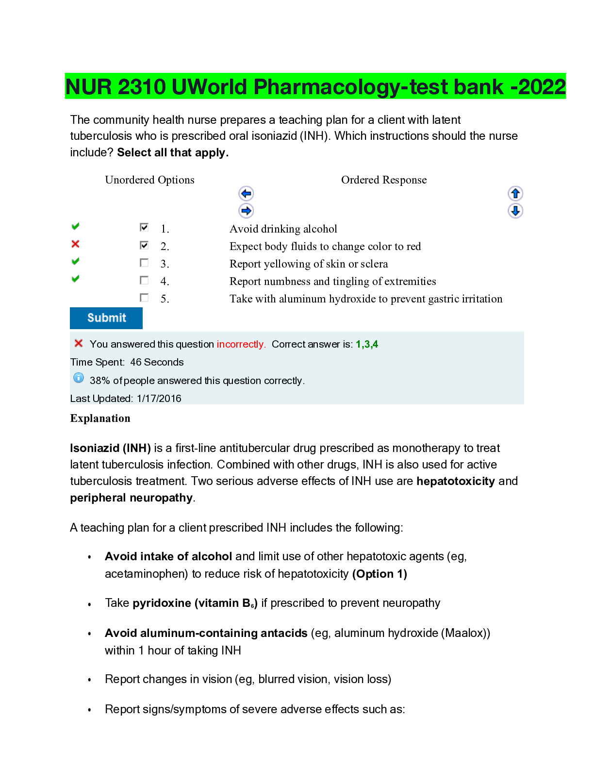 Preview of NUR 2310 UWorld Pharmacology-test bank -2022